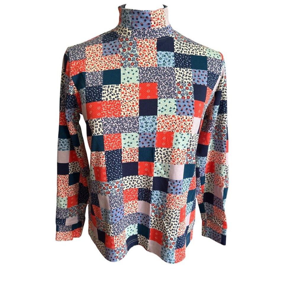 Lands End Womens Patchwork Print Mock Neck 100% Cotton Top Size Small